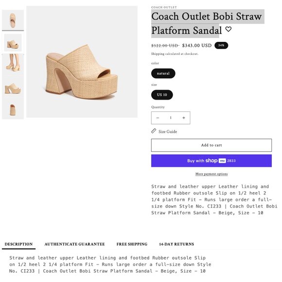 COACH Bobi Woven Tan Straw Platform Mule Slip-On Sandal women 11 - Picture 4 of 6